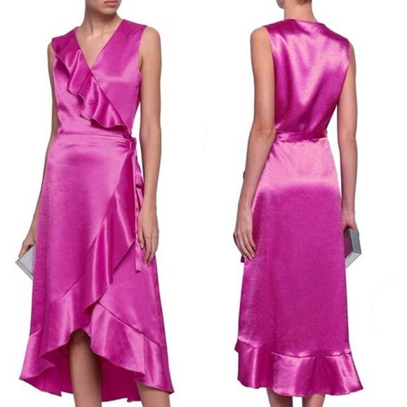 Maje Satin Sleeveless V-Neck Ruffle Trim Wrap Midi Dress Fuchsia Women's 1 / S